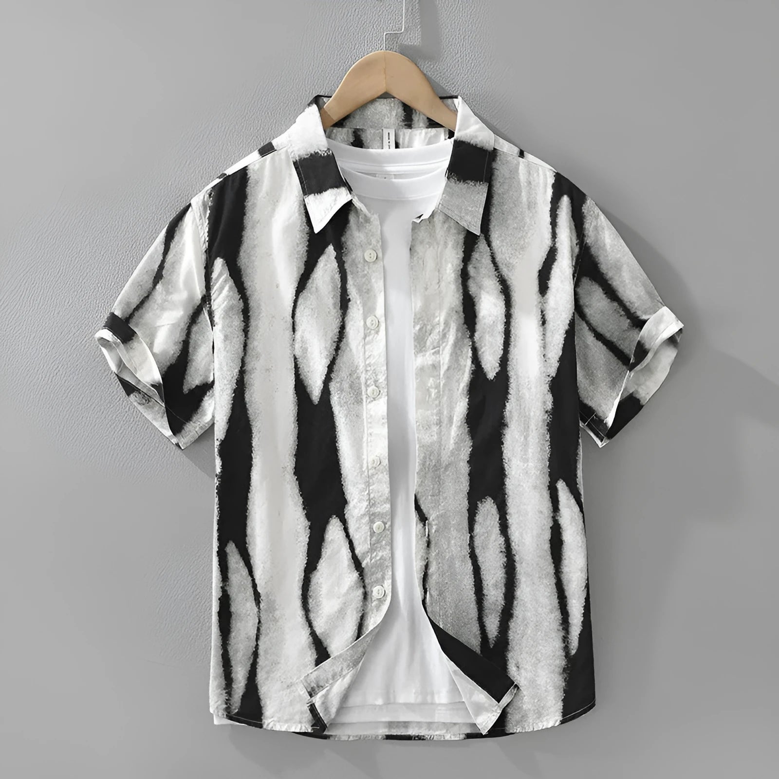 Retro striped pure cotton short sleeve shirt in loose cardigan style shown in black colour