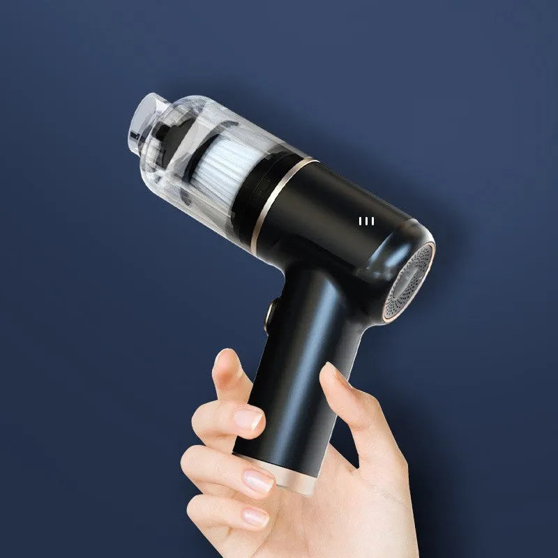 Black wireless car vacuum cleaner with accessories including brush heads and nozzles for vehicle interior cleaning