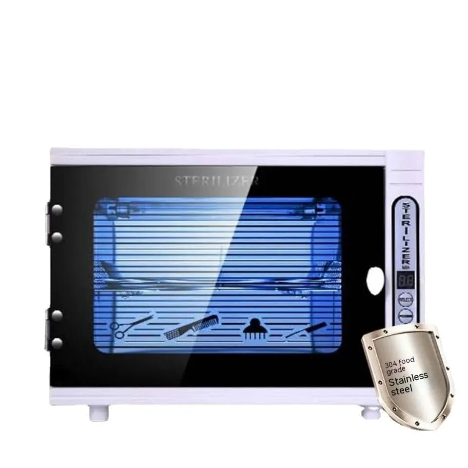 Silver mini UV steriliser unit with stainless steel interior for tool sanitisation