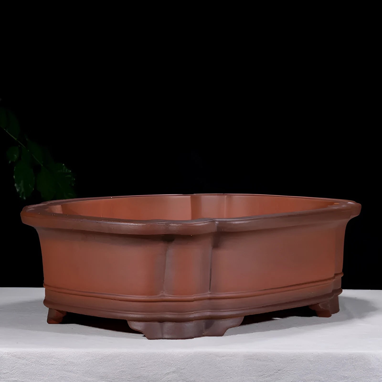 Antique jade Chinese style purple clay flowerpot with golden marble patterning, oval shape, 71cm long.