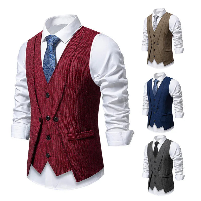 Men’s retro fake two-piece slim-fit vest coat in dark gray for formal banquet wear