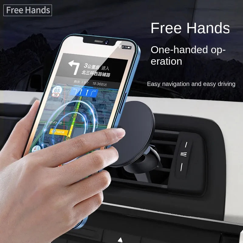 Black aluminium alloy magnetic suction car phone holder mounted on a car air vent
