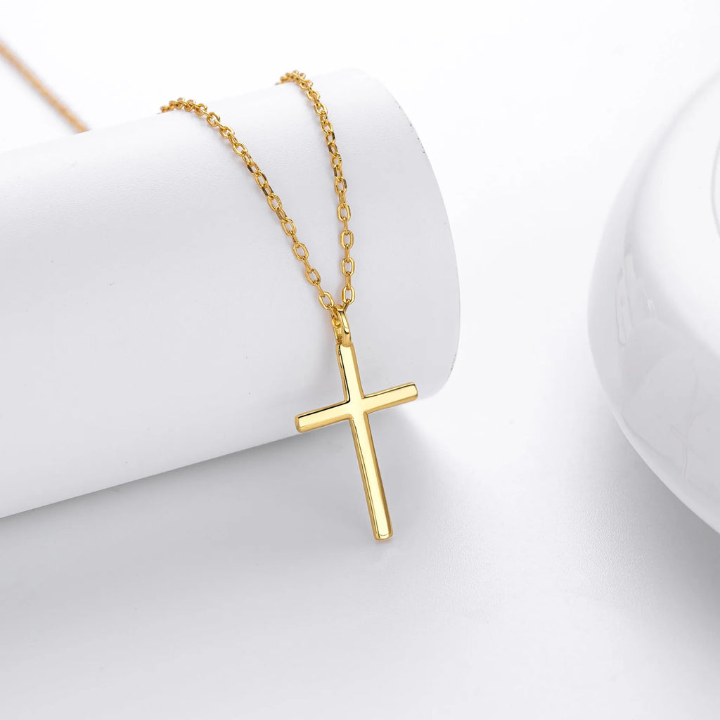 Sterling silver cross pendant necklace on an adjustable O-shaped chain, shown in gold plating.