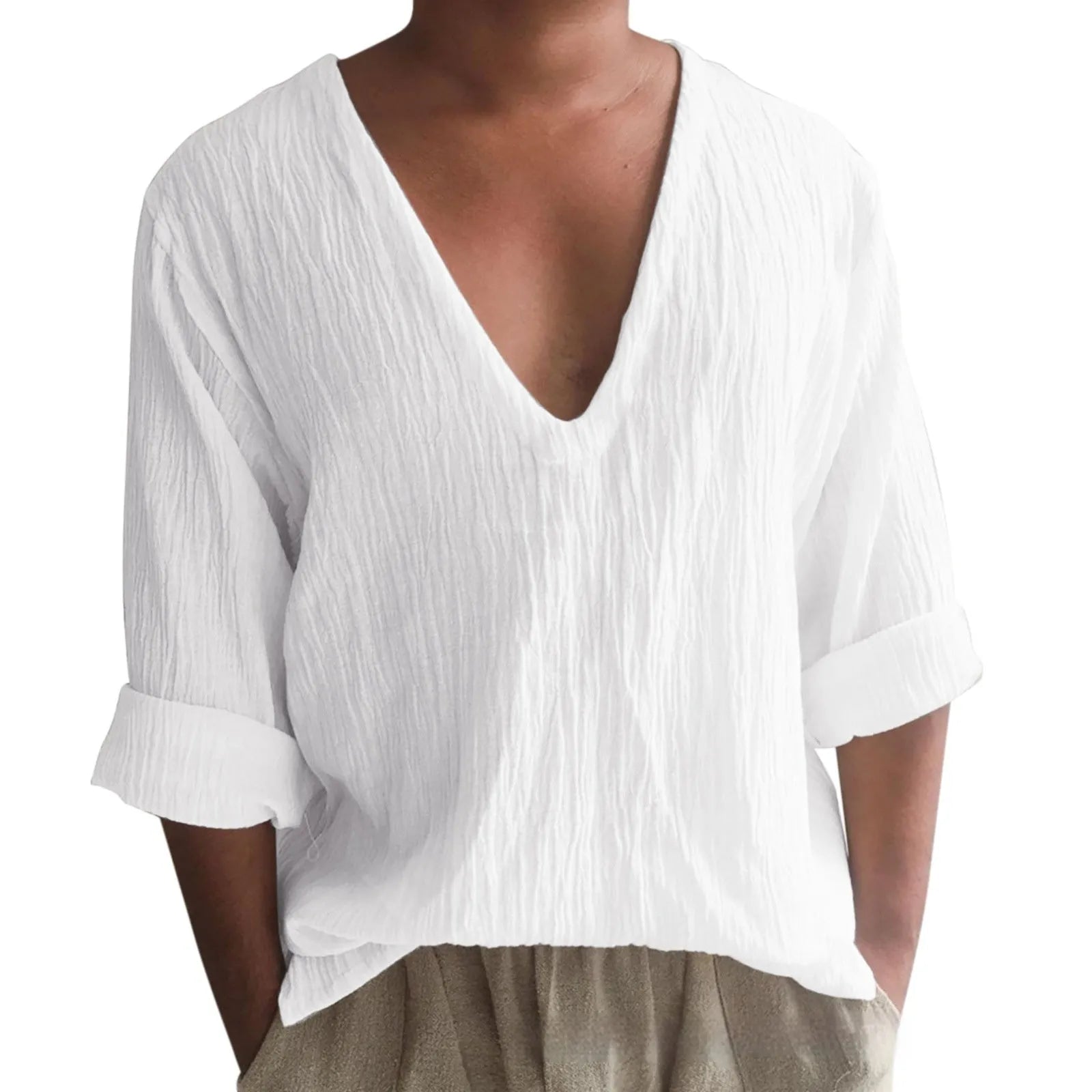 Men's long sleeve V-neck t-shirt in washed cotton solid colour.