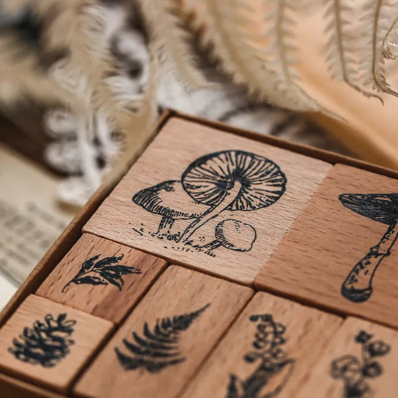 Mr Paper Seal Suit wooden handmade stamp set showing seven pieces with vintage decorative patterns