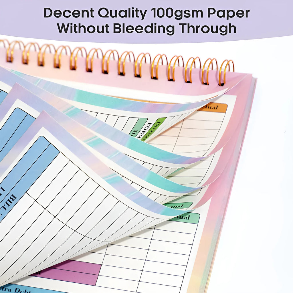 B5 size spiral-bound wealth management notebook with a PP cover, open on a table.