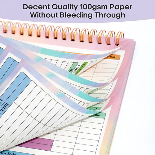 B5 size spiral-bound wealth management notebook with a PP cover, open on a table.