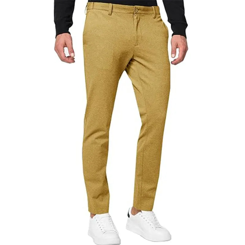 Men's slim-fit tapered chino trousers in khaki colour with stretch cotton blend fabric