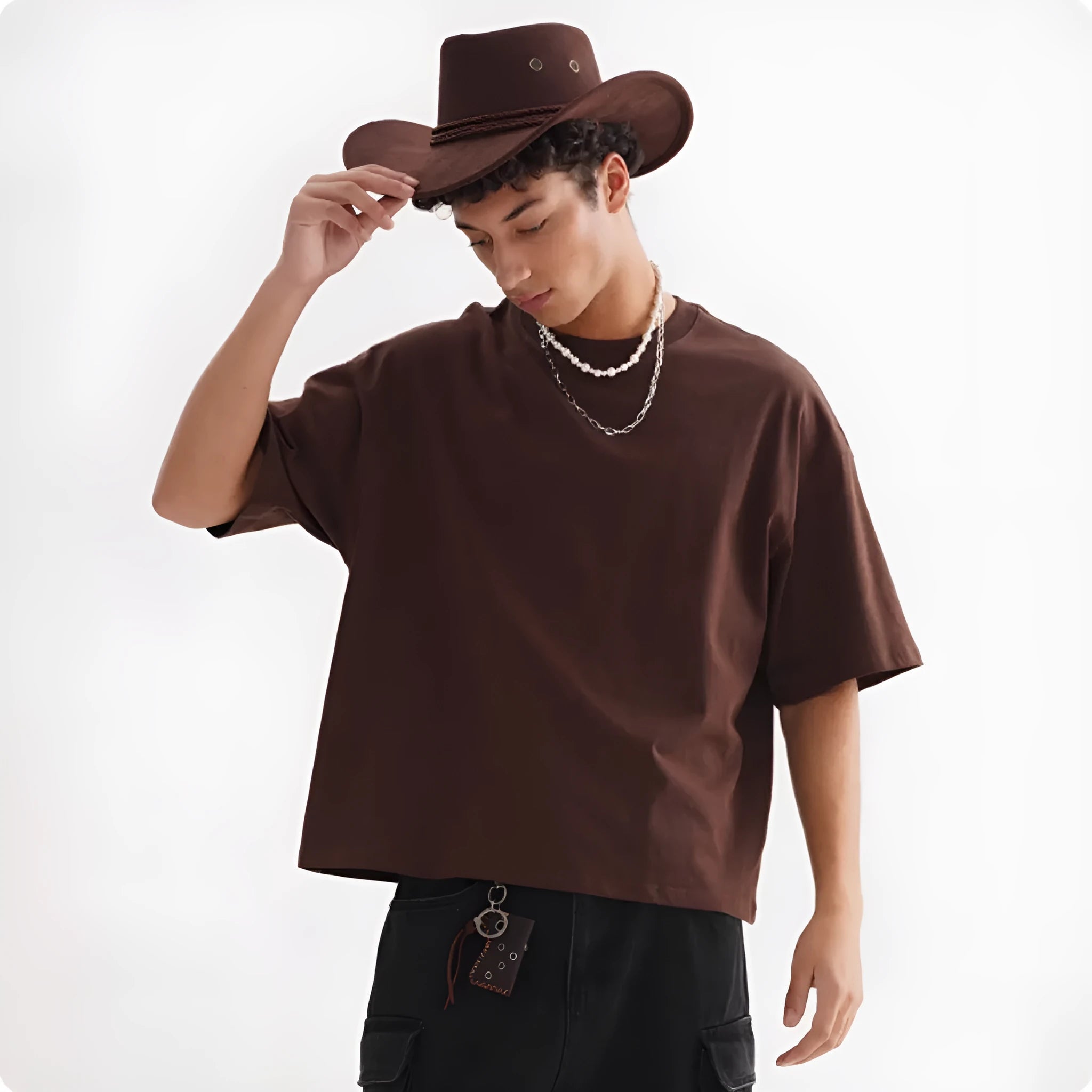 Men's loose fit pure cotton T-shirt in apricot colour, short sleeves, American style.
