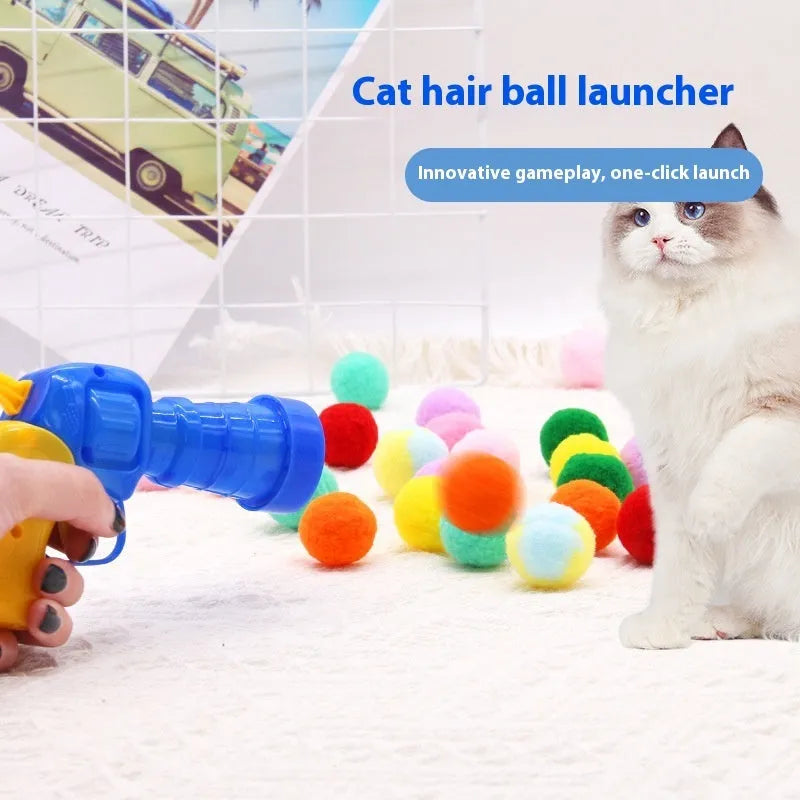 Interactive pet toy gun with soft plush balls for 30cm launching cat games