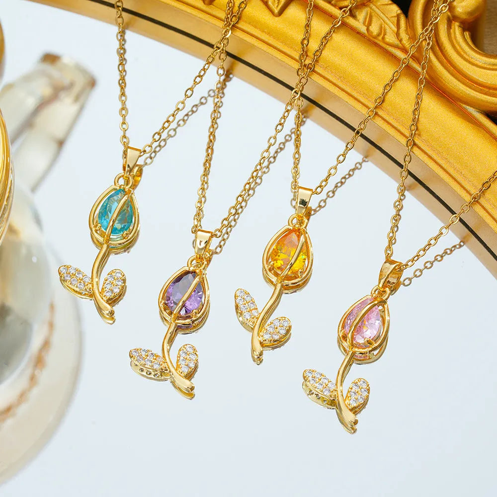 Zircon tulip necklace for women with electroplated C383 gold finish and adjustable titanium steel chain