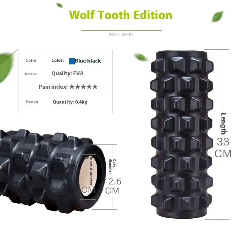 Black 33cm fitness foam roller massage kit with foam, EVA and PVC construction.