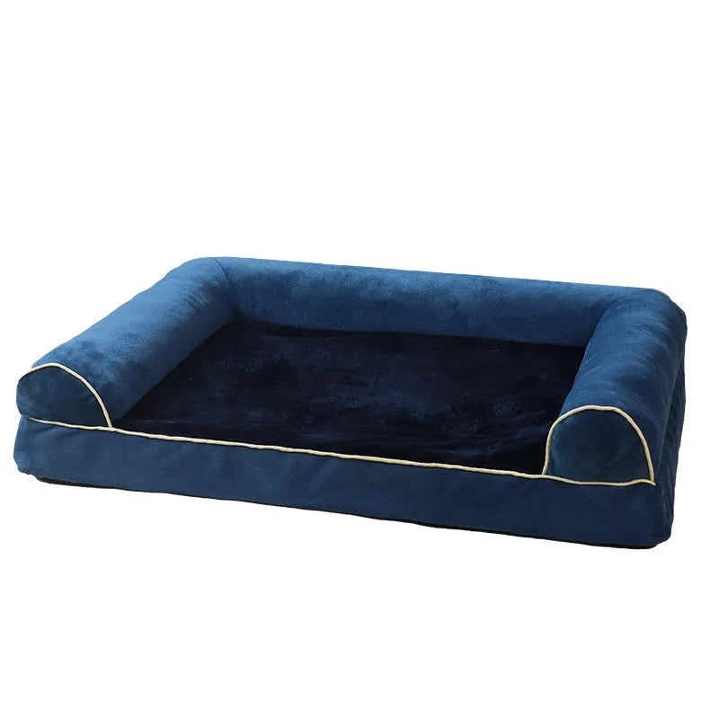 Square blue cloth dog bed with sponge filling for a large dog, showing its dimensions.