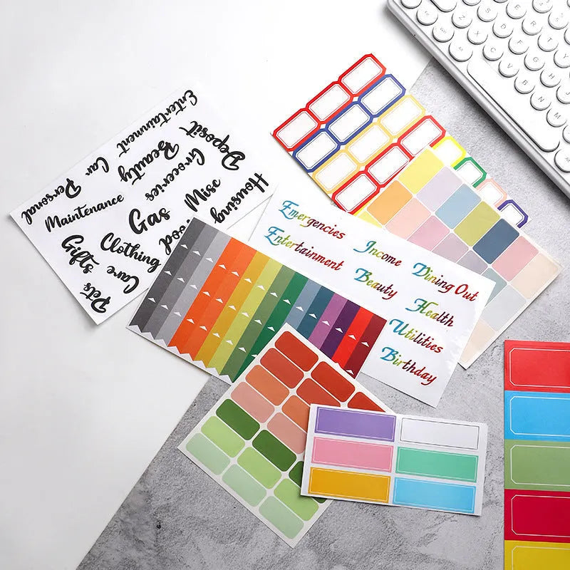 Assorted adhesive stickers and sticky notes showing grid formats and colourful designs with A6 ruler versions