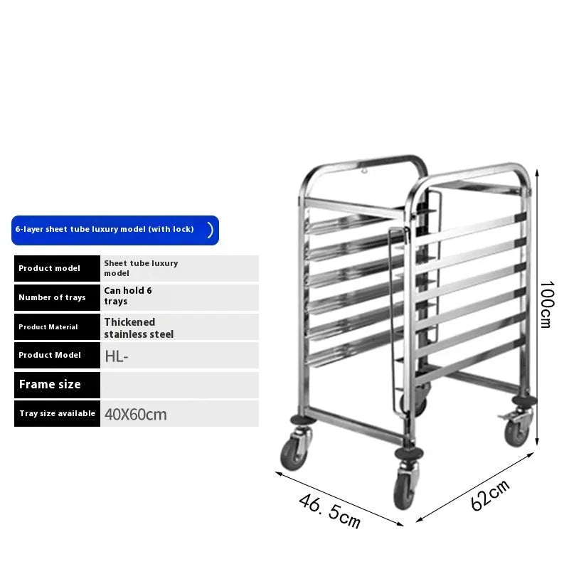 Stainless steel 6-layer baking tray rack with locking mechanism for 40x60cm commercial baking sheets