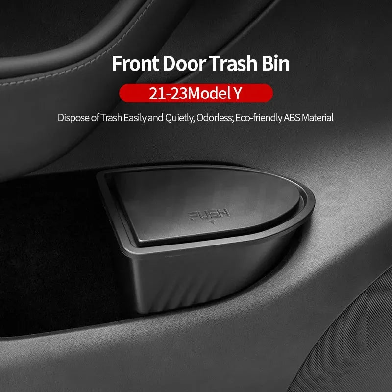 Two black ABS plastic car door trash cans for Tesla Model Y front door compartments