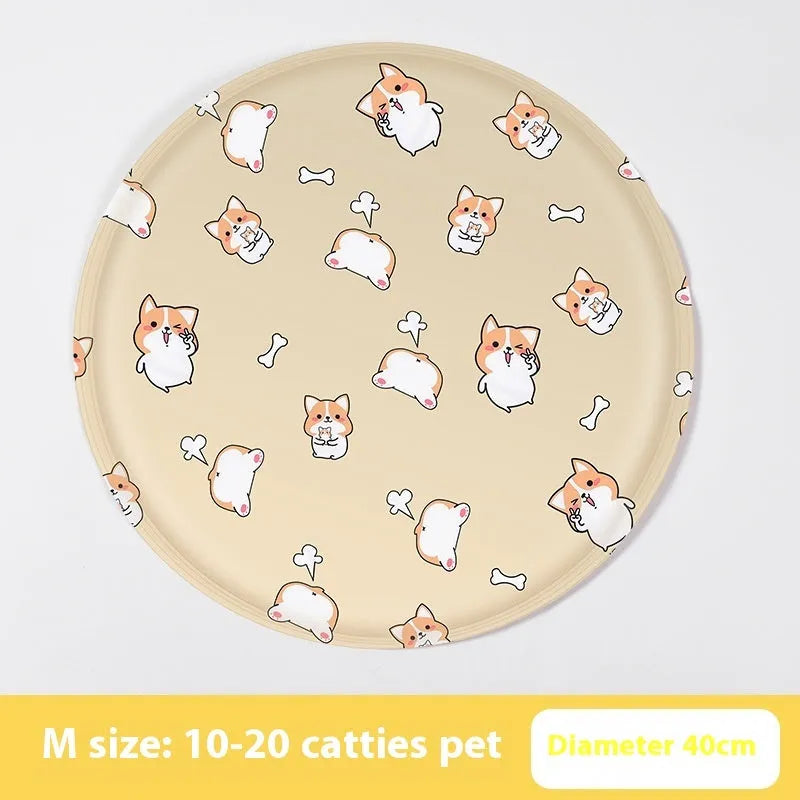 Round cartoon-design pet cooling mat for dogs on a floor, showing beige and blue colour options.