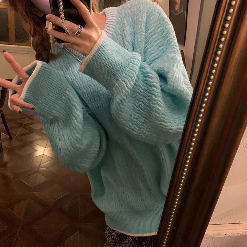 Women's loose retro pullover sweater in solid lake blue colour