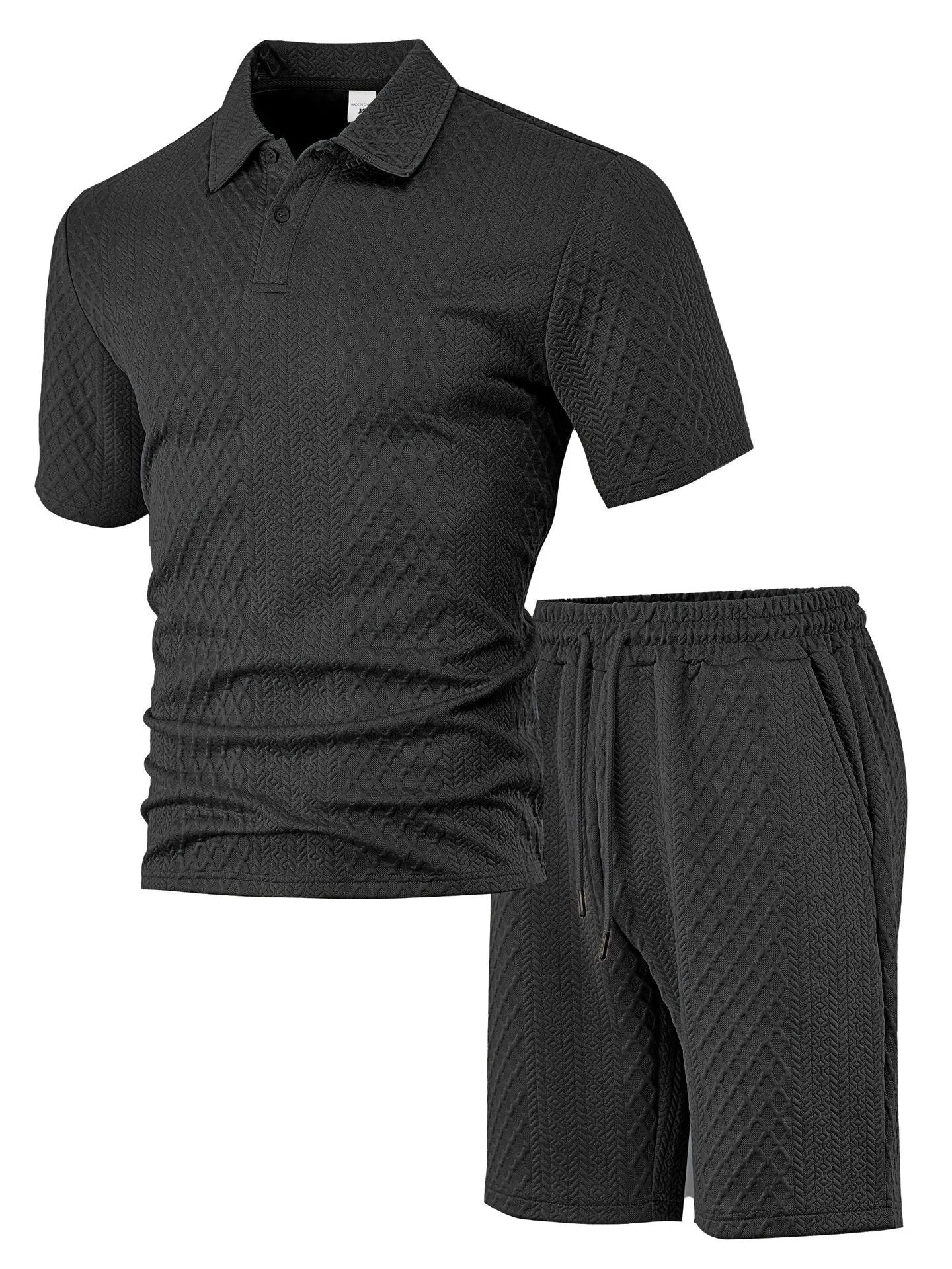 Men's pattern cloth short sleeve suit set in sports leisure style with polo shirt and trousers