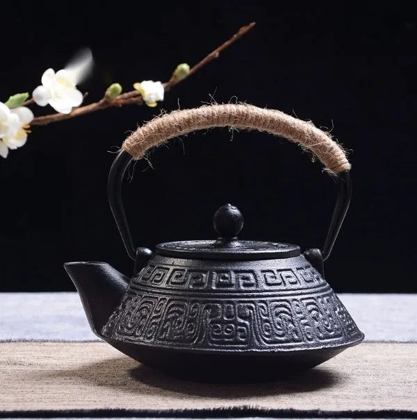 Japanese cast iron teapot with decorative pattern and enamel interior, 0.9L capacity