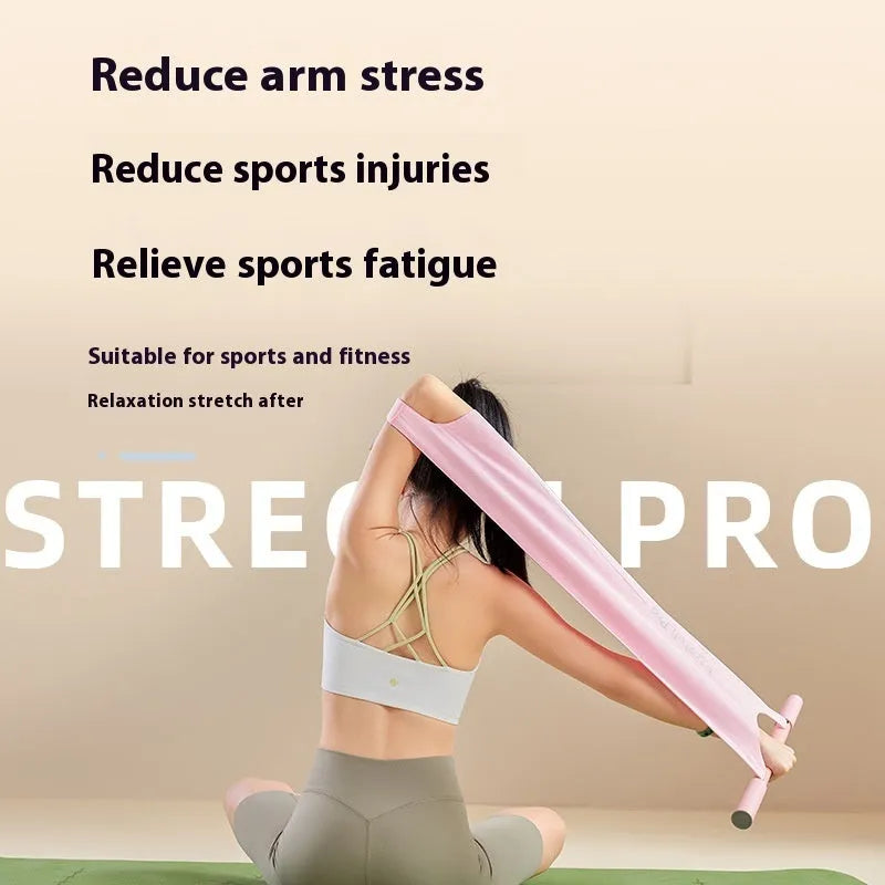 Grey and pink yoga multi-function stretching tool for shoulder back and hip flexibility.