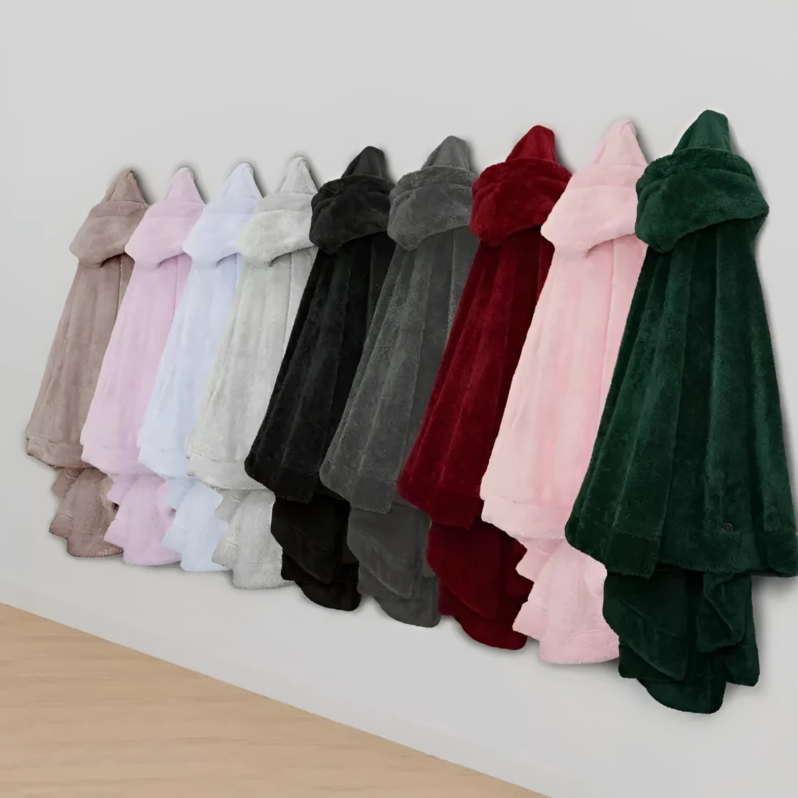 A thick, hooded long-sleeve polyester bathrobe cardigan in dark grey, shown on a hanger.
