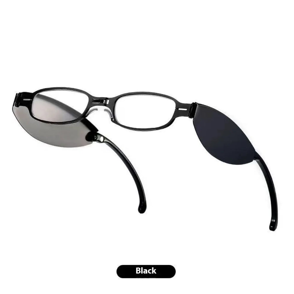 Folding presbyopic reading glasses with retro metal frame shown open and folded in pocket case