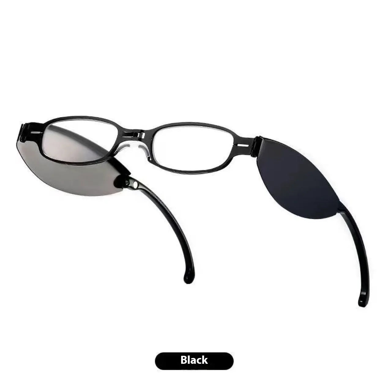 Folding presbyopic reading glasses with retro metal frame shown open and folded in pocket case