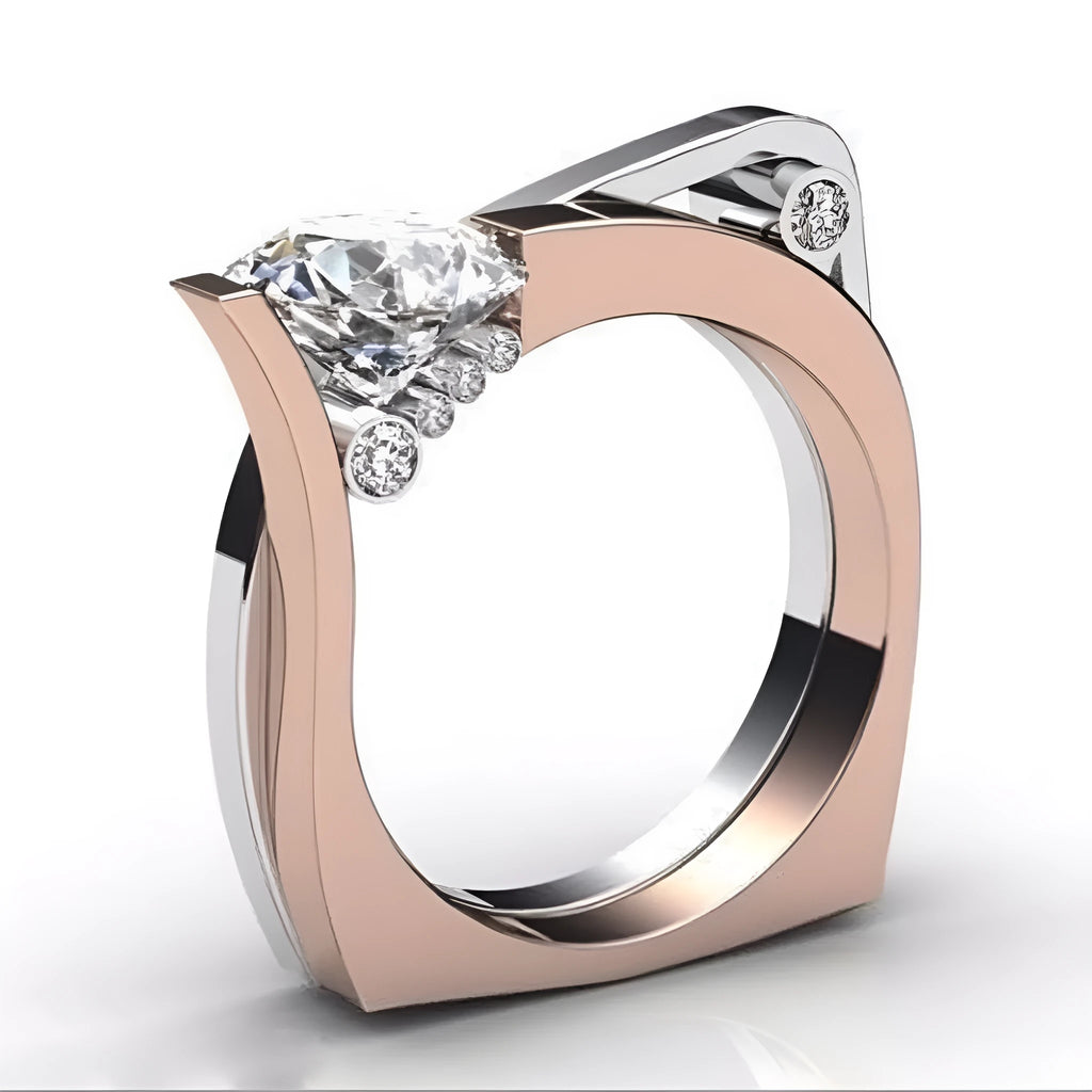 Rose gold alloy ring with geometric zircon stone inlays showing side profile