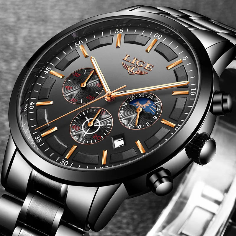 Men's waterproof quartz business sports watch showing four colour options with 12mm thickness