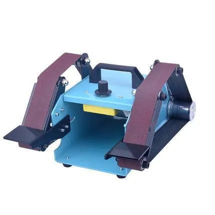 Blue desktop dual-axis belt sander with abrasive belt for knife sharpening and polishing.