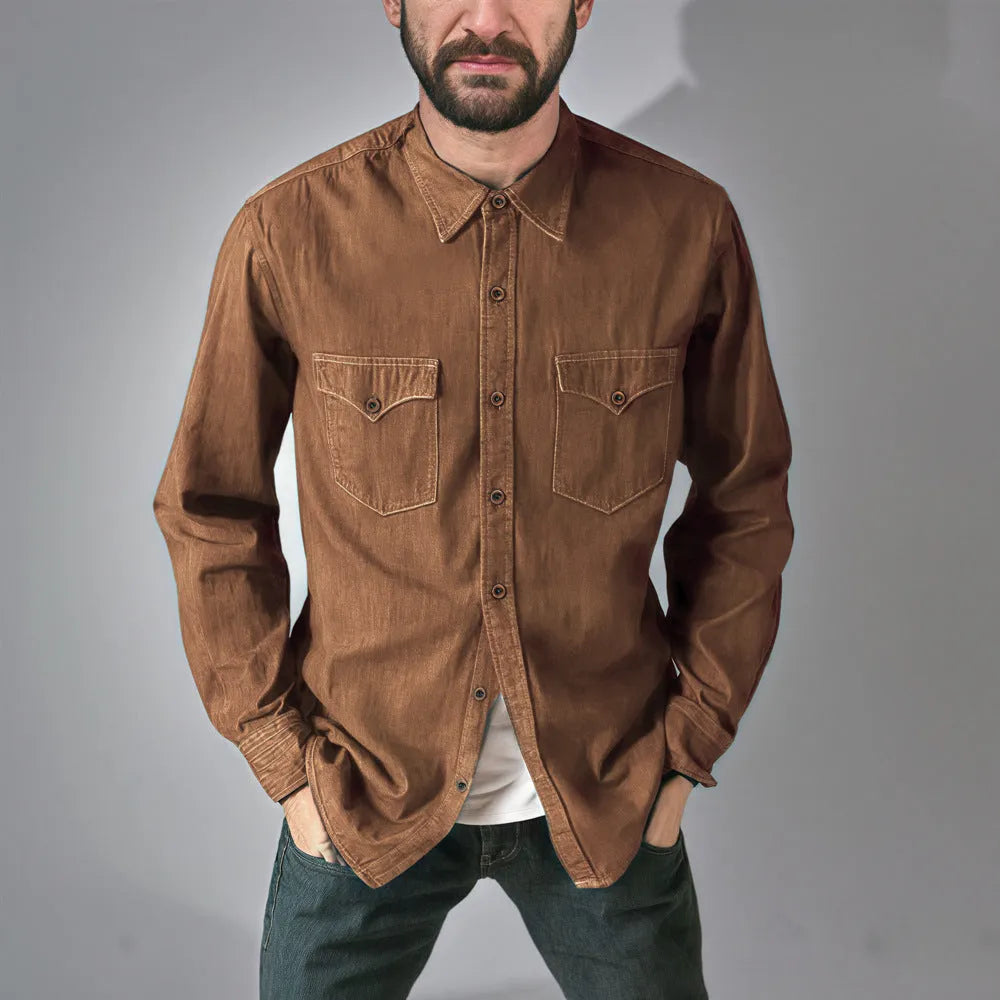 Cotton denim cardigan coat in regular fit on a hanger, shown in khaki colour with button front.
