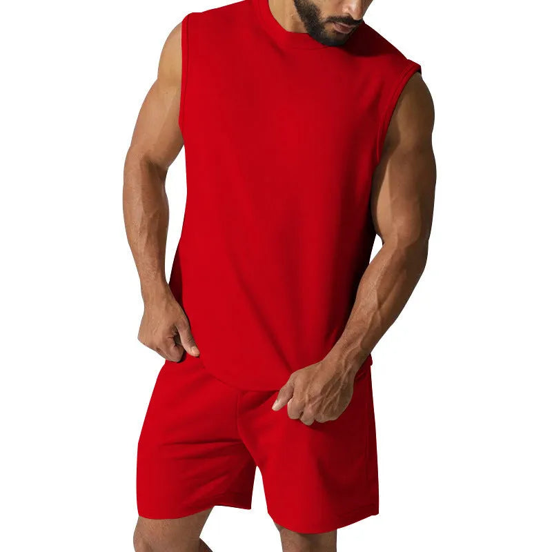 Men's sleeveless sports suit set in cotton blend fabric with matching shorts