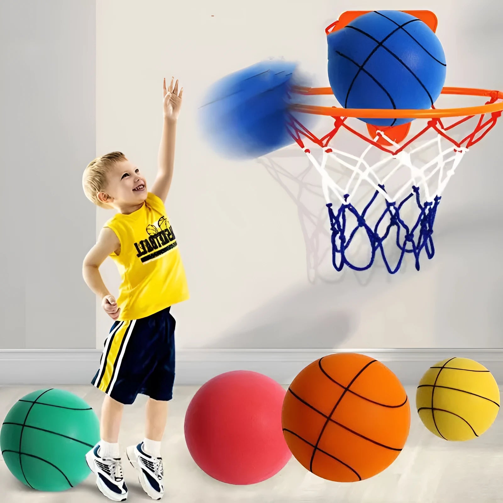 Silent high density foam sports ball in bright assorted colours for indoor basketball training