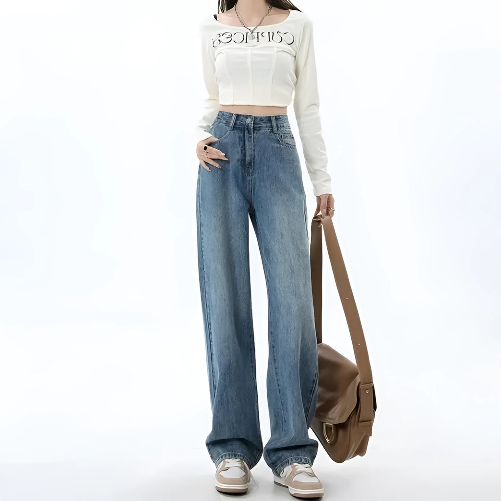 Women's retro blue high waist wide leg jeans with straight-leg trousers styling