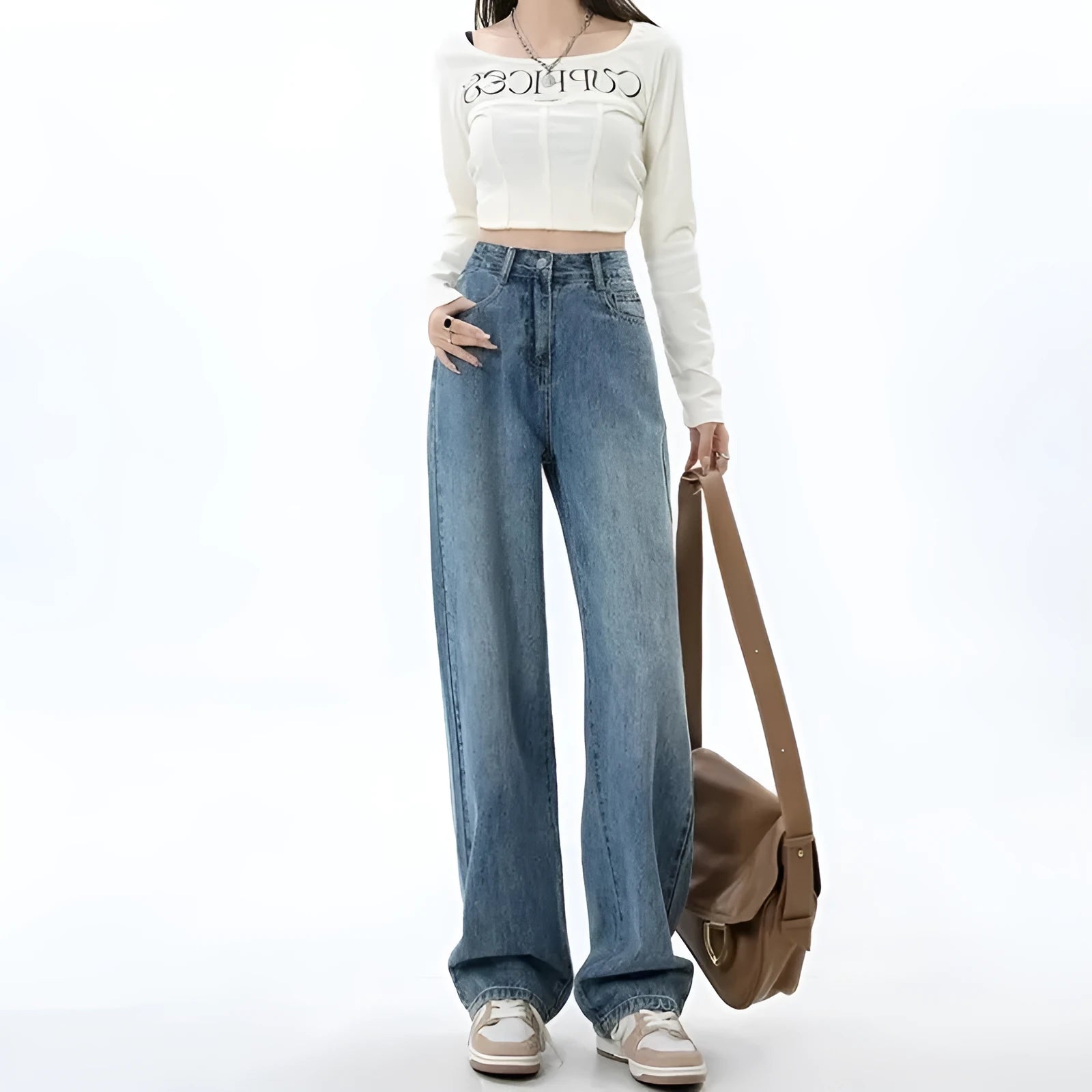 Women's retro blue high waist wide leg jeans with straight-leg trousers styling