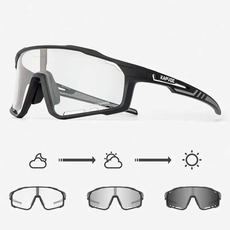 Semi-rimless photochromic cycling glasses with a TR90 frame, shown in a sport setting.