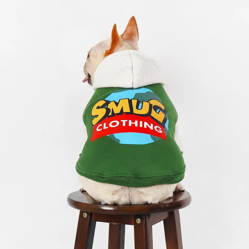 Green cotton dog jumper for winter, shown on a large dog, sized up to 4XL.