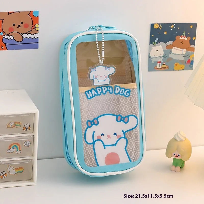 Transparent PVC pencil case with cartoon pattern, showing large capacity design for stationery storage