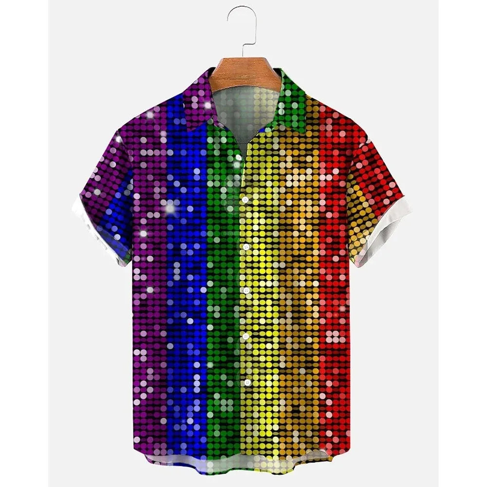 Men's striped Hawaiian shirt in polyester fabric with button-up short sleeves
