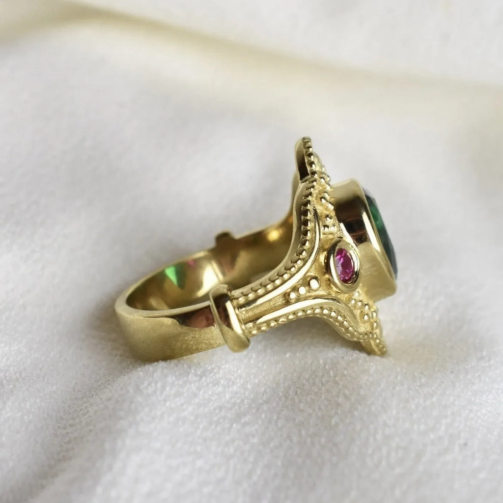 Gold-plated geometric women's ring in golden lvzuan colour showing angular design