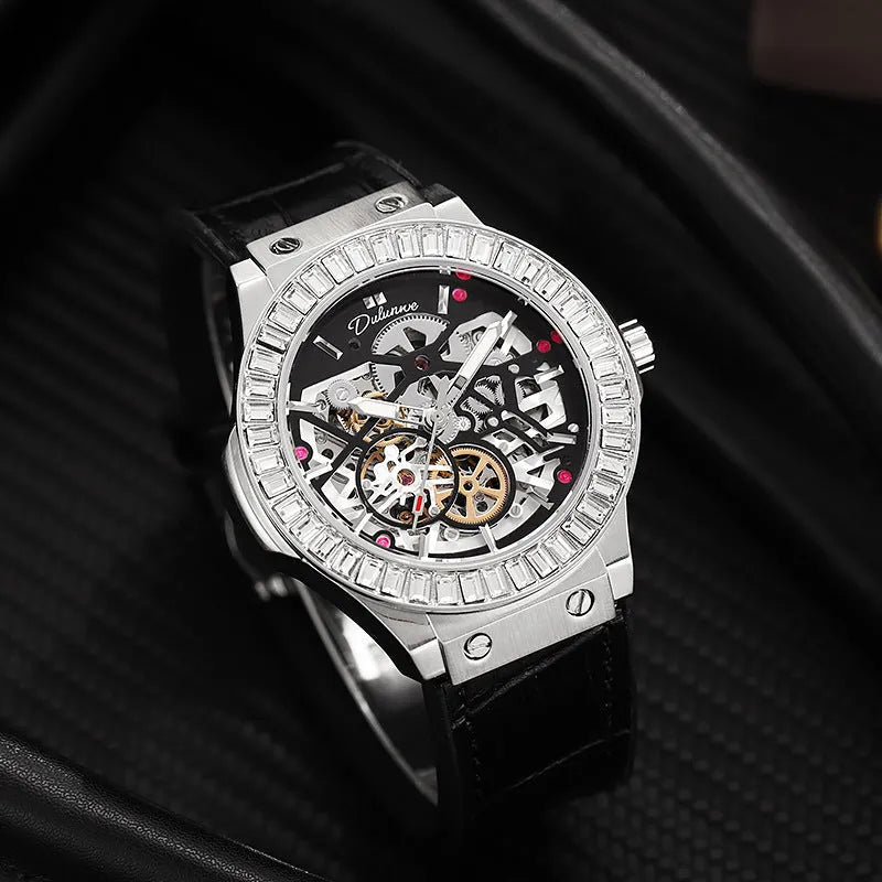 Automatic mechanical men's watch with diamond-studded hollow movement in business styling