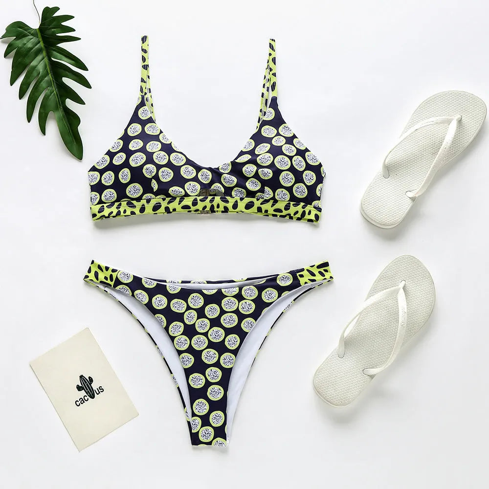 Women's bikini swimsuit set shown in black and white dot and red and white stripe patterns