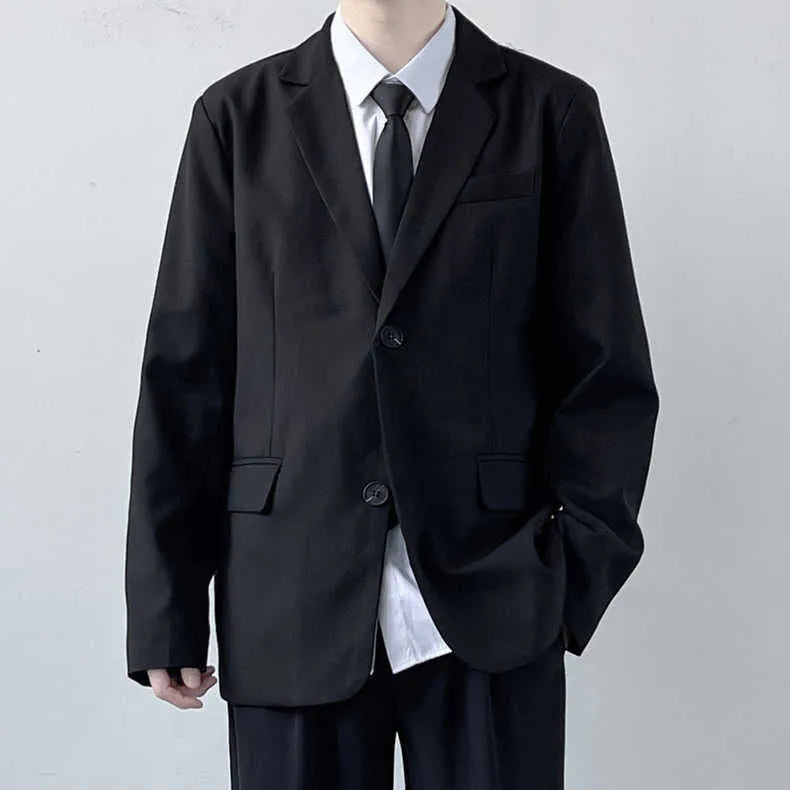 Men's plus size suit jacket set with trousers, white shirt, and tie in college style