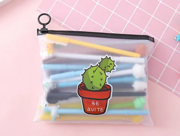 Set of twenty black 0.5mm gel pens with cartoon cactus designs in a plastic storage case measuring 21x17 cm