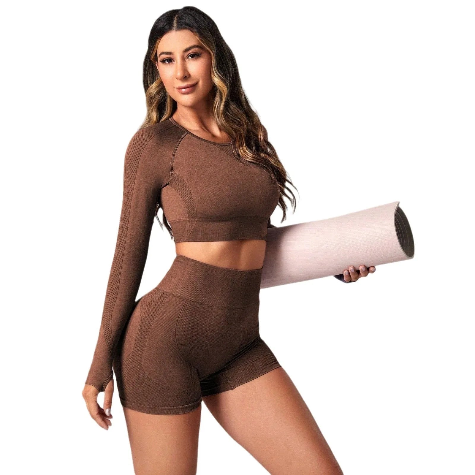 Women's black high-waisted yoga suit set with long sleeves and tight fit