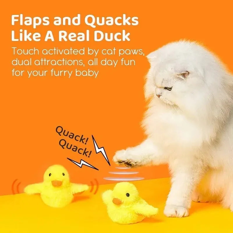 Yellow flapping duck cat toy with removable plush cover and USB charging cable