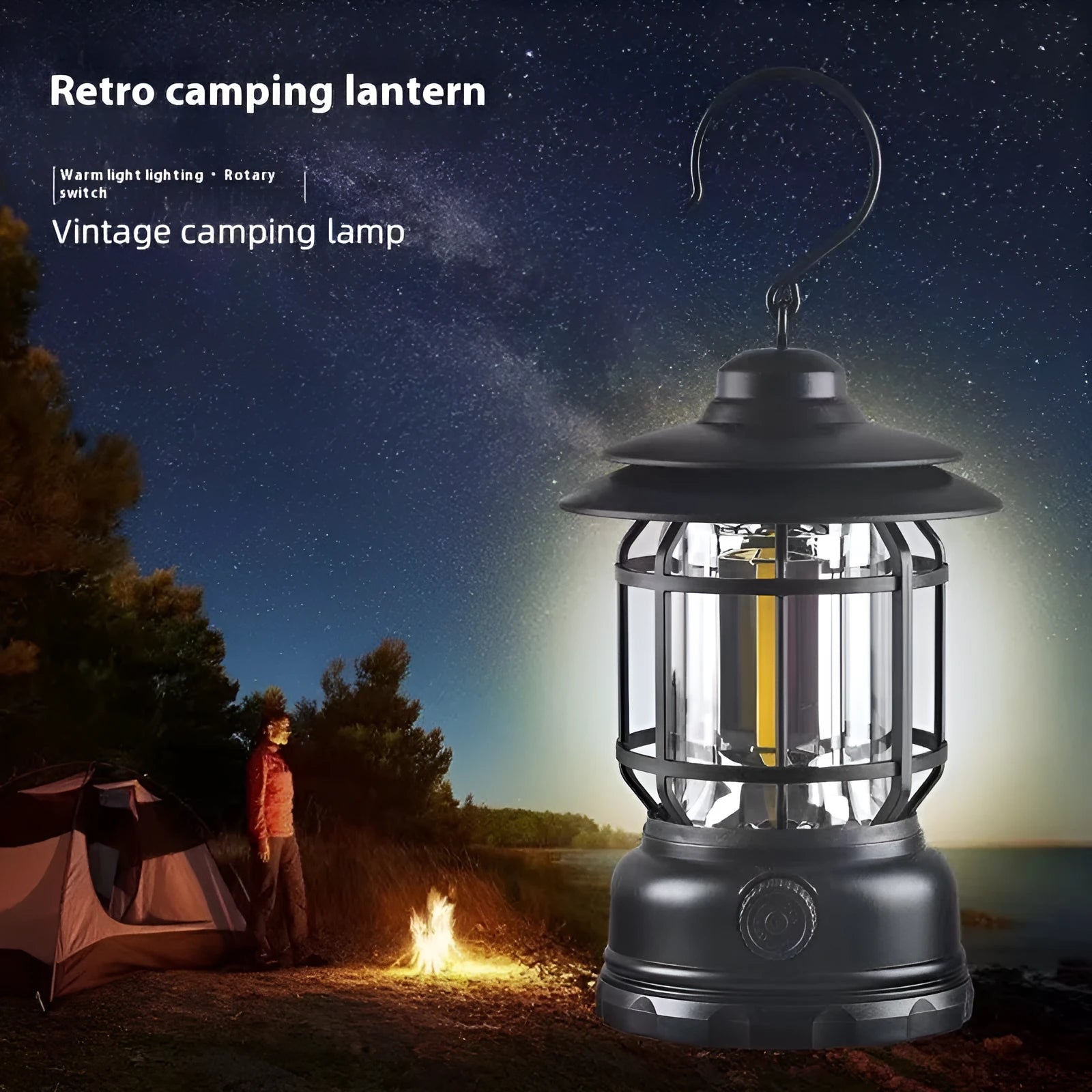 Portable camping lantern in dark green, black or red colours with battery power options