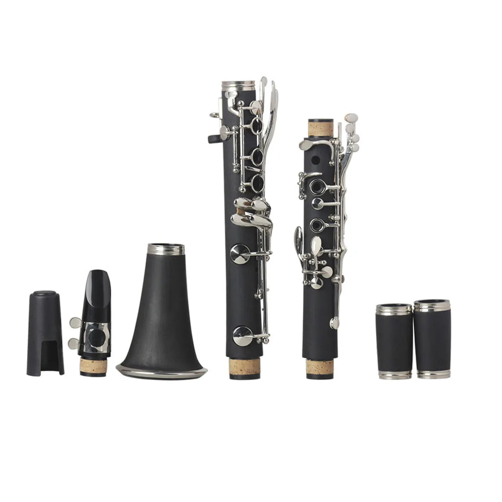 Black bakelite clarinet with nickel-plated keys and included instrument bag
