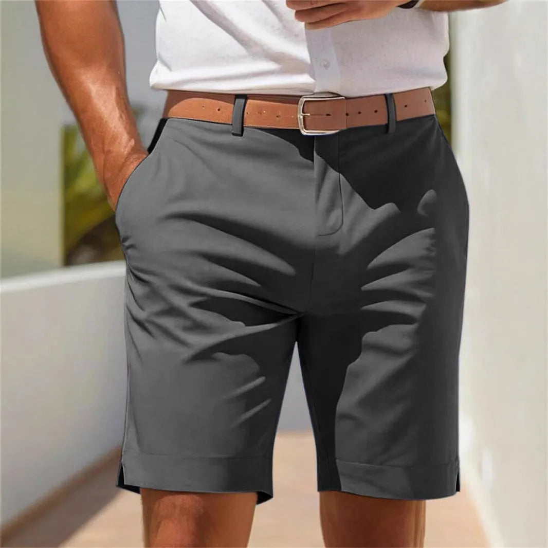 Men's straight fit light grey polyester summer shorts on a hanger, showing business casual style.